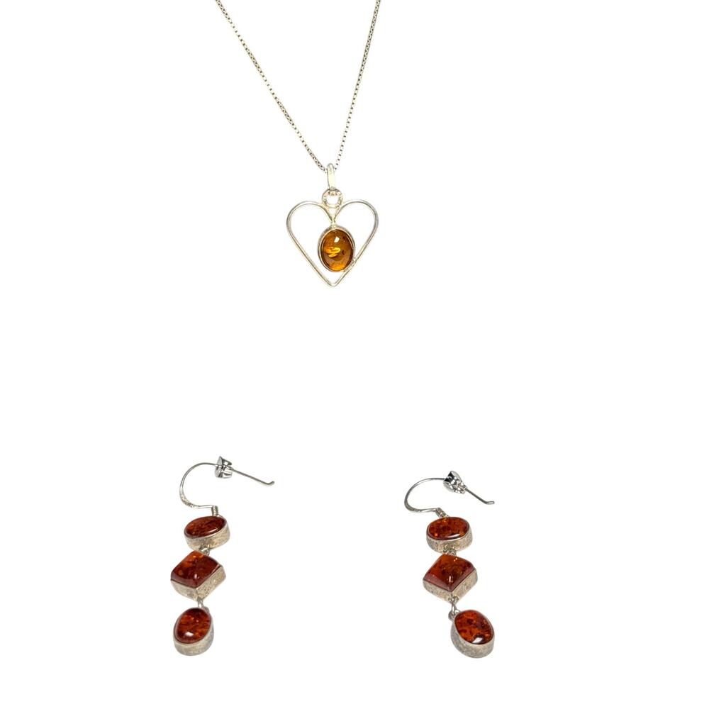 Baltic Amber Heart Necklace Earrings Set 925 Sterling Silver Jewelry
